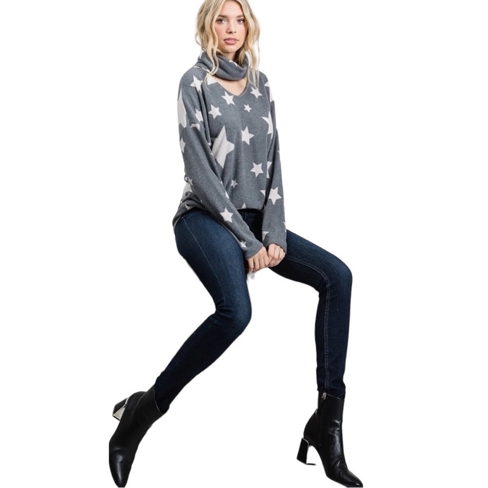 GeeGee Women’s Boutique Top Hacci Brush Gray/White Star L/S Top Size-M NWT